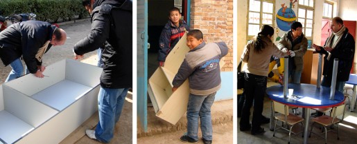 Building the shelves Fuli Cement’s Managing Director Pierre Eloy working with factory staff and students to assemble library shelves and tables