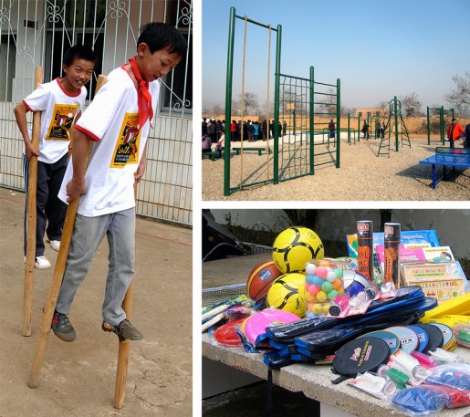 Equipment: old and new (Left) Sports equipment is in short supply in most rural areas often requiring schools to fashion whatever they can out of available materials, in this case. stilts made from bamboo stalks. (Top) Playground equipment and ping pong tables supplied to the project schools in Shaanxi Province. (Bottom) Sports equipment selected for CSF project schools include basketballs, volley balls, soccer (football) balls, frisbees, table tennis and badminton equipment, roller skates and jump ropes.