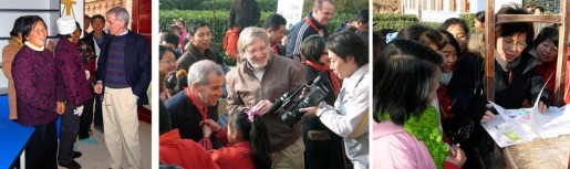 Classrooms - Media - Art work (Left) Villagers inspecting renovated classrooms. (Center) Media coverage was instrumental in getting the word out to the community about the new facilities (Right) Students showing off the art projects they did with volunteers from the Xi’an Institute of Art