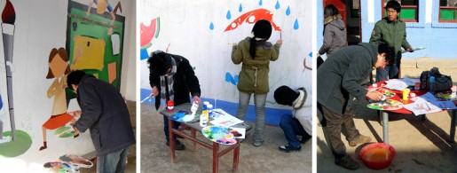 Mural in Progress Students from Xi'an Institute of Art volunteered to do art projects with the children and painted murals on the school walls