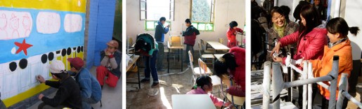 Mural painting & furniture assembly Fostering the spirit of community cooreration, volunteer staff and workers from the corporate sponsor, Shaanxi Fuping Cement Co., together with teachers, students and CSF staff helped assemble new furniture and work on the muralsat each of the four project schools.